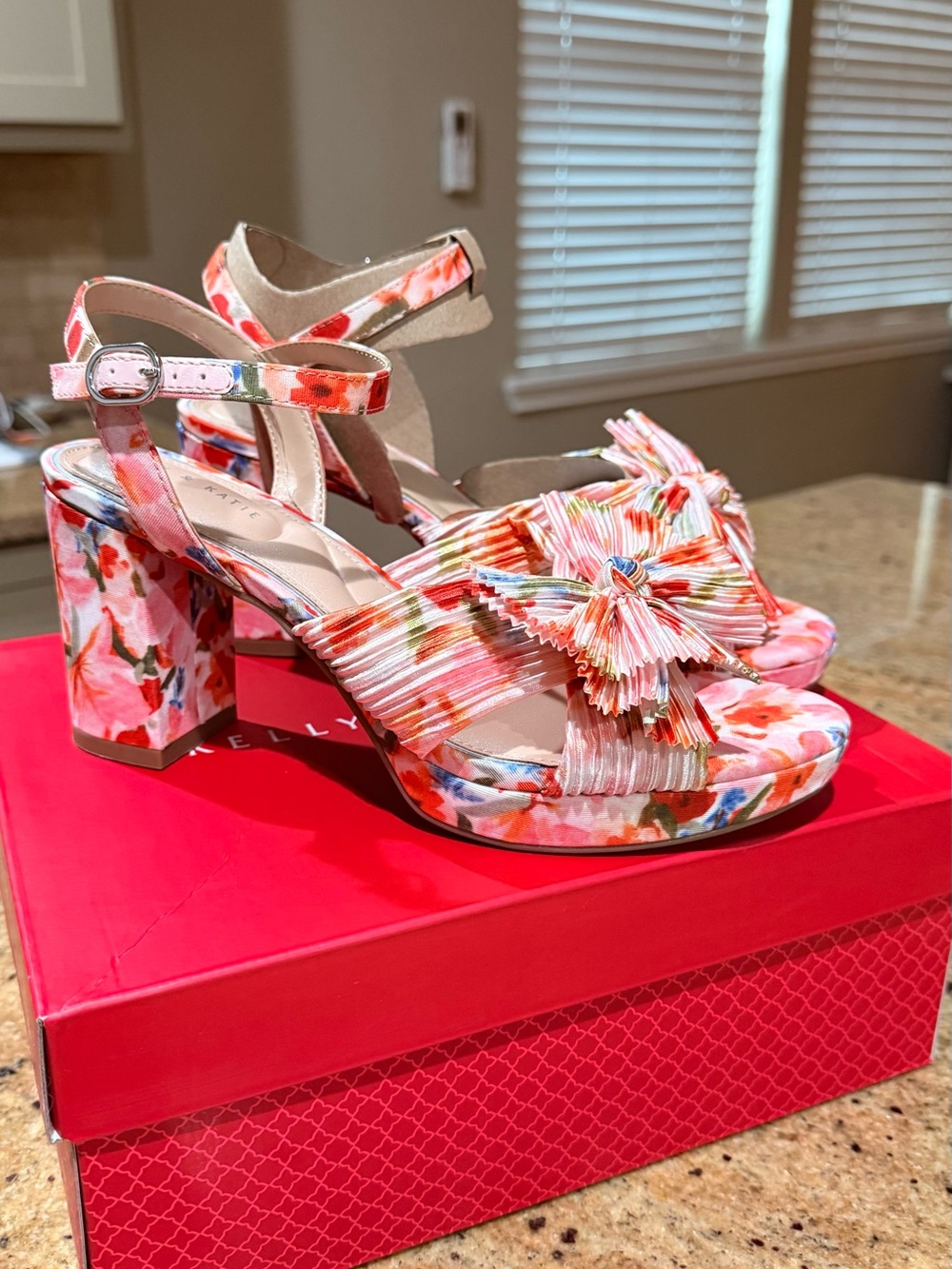 Kelly & Katie Floral Pleated Bow Block Heel Sandals - Pink & Coral